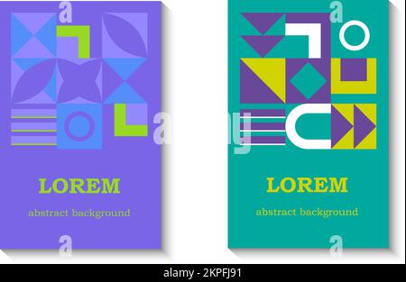 Set moderno di sfondi con forme astratte. Modelli minimalisti in stile Bauhaus con forme geometriche: Cerchi, triangoli e quadrati. Illustrazione Vettoriale