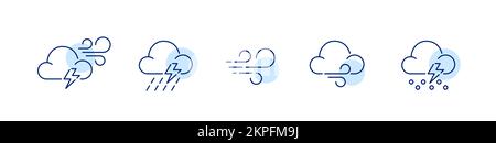 5 progetti di previsioni meteo tempestose. Vento, fulmini e doccia. Pixel Perfect, icone della linea di tratto modificabili Illustrazione Vettoriale