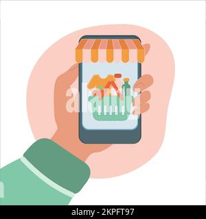 SHOPPING ONLINE Flat Design comunicazione mercato Internet Business smartphone Cartoon clip Art Vector Illustration Set for Print Illustrazione Vettoriale
