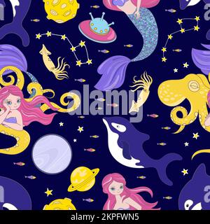 SPAZIO DEL POLPO Cartoon Cosmos Sea Animal Galactic Princess Girl Universe viaggio senza cuciture modello Vector Illustration for Print Illustrazione Vettoriale