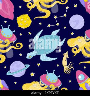 UNIVERSE CLOTH Cartoon Cosmos Space Sea Galactic Ocean Journey Travelling Seamless Pattern Vector Illustration for Print Illustrazione Vettoriale