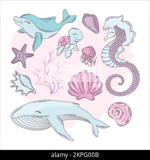 ANIMALI MARINI SOTTOMARINI Whale Dolphin Turtle Seahorse Jellyfish Starfish e Seashell in Pink Colors Cartoon clip Art Vector Illustration Set for Print Illustrazione Vettoriale