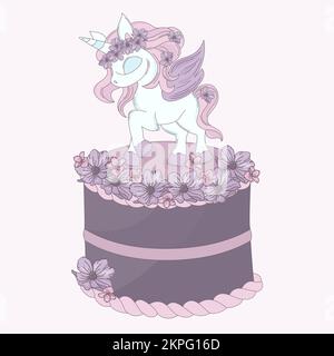 TORTA DI UNICORN per compleanno Festa di festa con la criniera rosa si trova su Una torta di festa decorata con fiori viola Cartoon clip Art Vector Illustration Set per Illustrazione Vettoriale