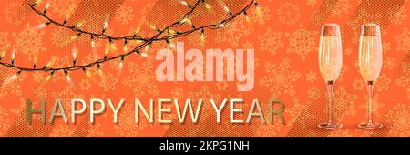 Festa banner Felice anno nuovo con feste realistiche ghirlande luminose di lampadine, bicchieri con vino su sfondo arancione decorato con fiocchi di neve Illustrazione Vettoriale