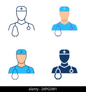 Icona del terapista impostata in stile piatto e lineare. Medico con stetoscopio. Simbolo di consultazione medica. Illustrazione vettoriale Illustrazione Vettoriale