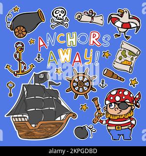 PIRATA E CORVETTE Barca a vela con le vele nere e altri Mare attributi di viaggio Cartoon disegnati a mano Stickers Vector Illustration Collection per il design An Illustrazione Vettoriale