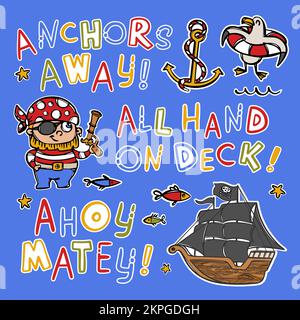 PIRATA BARCA A VELA con le vele nere disegnate a mano comandi marini Corsair con Pistol Cartoon Sticker Collection attributi del mare Vector Illustration Set for Illustrazione Vettoriale