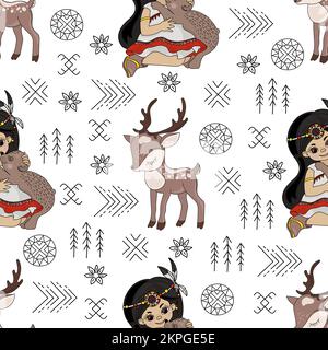 POCAHONTAS DEER Indians Principessa ragazza in Diadem con i suoi animali Cultura etnica di Cartoon Folk nativo americano senza cuciture modello Vector Illustration F Illustrazione Vettoriale