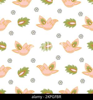 UCCELLI ROSA e foglie di Abstract di piante fatiche su sfondo bianco Tatar orientale ornamento Folk Etnico Cartoon senza cuciture modello Vector Illustration Fo Illustrazione Vettoriale