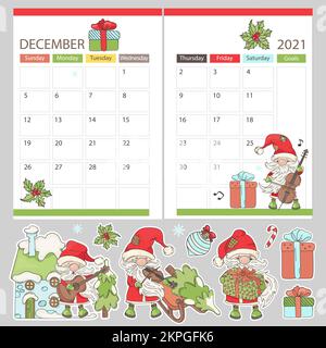 PLANNER DICEMBRE STICKERS 2021 Calendario mensile etichette stampabili pagina Template Schedule con Musical Babbo Natale Cartoon Clipart Vector Illustration S Illustrazione Vettoriale