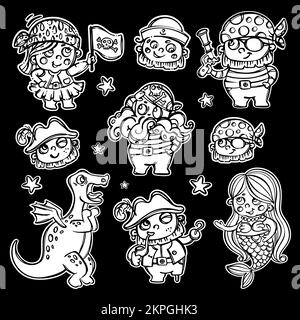 PERSONAGGI PIRATI adesivi nautici Foto disegnate a mano Cartoon Travel Label Monocromo Sea Vector Illustration Set on Black for Print and Cutting ma Illustrazione Vettoriale