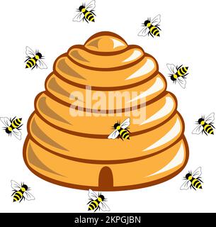 Alveare con ape volante come vettore. Retro bianco. Illustrazione vettoriale astratta di uno stato d'ape produce miele. Illustrazione Vettoriale