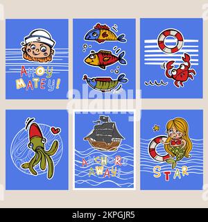 PIRATES COLORFUL DESIGN CARDS Hand Drawed Cartoon Marine Greeting Postcard Collection with Mottos Sea Attributes Objects Vector Illustration Set for Pr Illustrazione Vettoriale