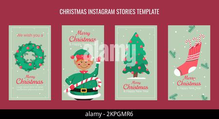 Set di maschere natalizie per storie instagram albero di Natale calza elfo con lollipop e corona decorata con giocattoli Illustrazione Vettoriale