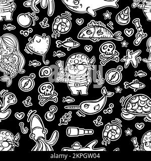 PIRATA E SIRENA MONOCROMATICO Cartoon Hand Drawed Picture senza cuciture modello Vector Illustrazione su sfondo nero con persone di mare e animali Fairy T. Illustrazione Vettoriale