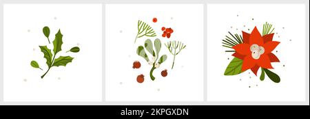 Acquerello natalizio di bouquet di bacche e foglie verdi arrangiamenti set. Elementi acquerelli dipinti a mano adatti per le feste decorative di Natale Illustrazione Vettoriale