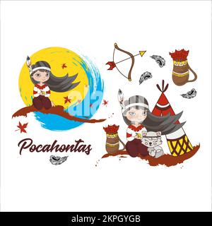 POCAHONTAS RAGAZZA a capelli lunghi Indiani Principessa Hero in headdress con un gattino sul suo Lap Cartoon clip Art Vector Illustration Set for Print Illustrazione Vettoriale