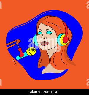 PODCAST Red haired Girl in cuffie trasmette su Un microfono attraverso Internet Musica Video radio Online Cartoon clip Art Vector Illustration Set Fo Illustrazione Vettoriale