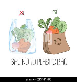 RICICLAGGIO CONTRO LA PLASTICA Global Ecological Plastic Environmental Pollution Problem plastica e sacchetti di carta con verdure Vector Illustration Set for Illustrazione Vettoriale