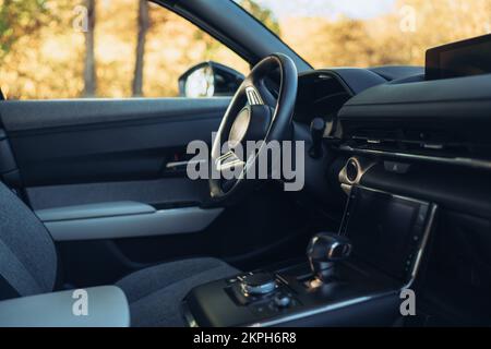 Primo piano dei nuovi interni di lusso per auto elettriche. Foto Stock