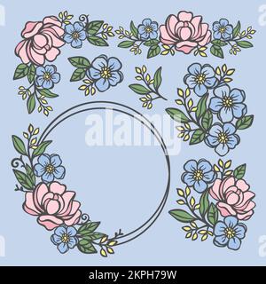 ROSE COMPOSITIONS Collezione floreale di rose e coppette con foglie in corone e bouquet per Stampa Cartoon clipart Vector illustre Illustrazione Vettoriale