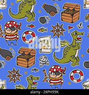 TREASURE MAP Smiling Corsair con Pistol Dino e Treasure Chest Marine Cartoon disegnata a mano senza cuciture modello Vector Illustrazione su Blu con Viaggi a. Illustrazione Vettoriale