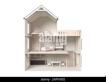 Classica casa bambola in legno isolata su sfondo bianco. Casa in sezione, vista su camera da letto, soggiorno e corridoio, 3D illustrazione. Foto Stock