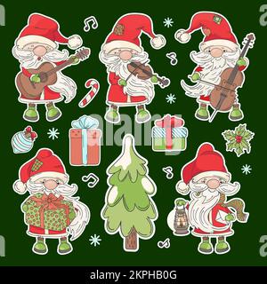 BABBO NATALE Cartoon Claus con Strumenti musicali albero di Natale e regali di Capodanno Stampabile e Plotter taglio Clipart Vector set di illustrazioni Illustrazione Vettoriale