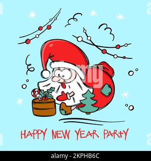 BABBO NATALE CON TORTA Nana con anfratto divertente con sacchetto dei regali Capodanno buon Natale Cartoon vacanza disegnata a mano con testo Vector Illustration Postcard per P Illustrazione Vettoriale