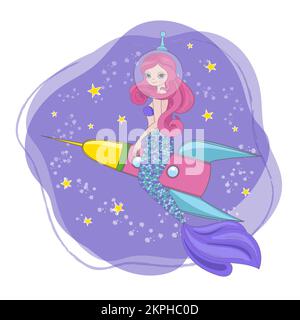 TRAVELLING MERMAID Long Haired Space Princess Girl in spacesuit siede sulla Spaceship Galactic Journey Cartoon clip Art Vector Illustration Set for PRI Illustrazione Vettoriale