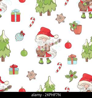 BABBO NATALE CHITARRA canto Una canzone di Natale congratulandosi con tutti anno nuovo circondato Capodanno Toys Cartoon Musica Seamless Pattern Vector Illustration Fo Illustrazione Vettoriale