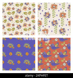 TATARLAR SET Oriental National ornaments from Abstract Flowers and Birds on Blue Red and Pink Backgrounds Seamless Pattern Vector Illustration Set for Illustrazione Vettoriale