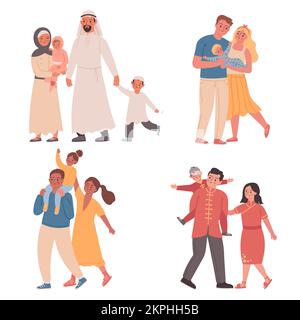 Famiglie di diverse nazionalità. Genitori con bambini che indossano abiti tradizionali arabi e cinesi. Madre, padre e figli di diversa cultura Illustrazione Vettoriale