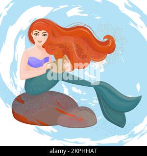 SIRENA DAI CAPELLI ROSSI seduta su Una pietra con una conchiglia nelle sue mani Underwater Princess Flat Style Cartoon Girl clip Art Vector Illustration Set for Print Illustrazione Vettoriale