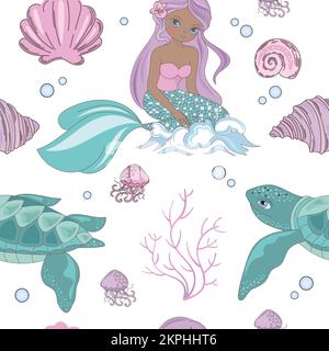 ONDA DI MARE capelli lunghi Ebony Sirena Princess Girl siede su onda con tartaruga subacquea Tropical Travel senza cuciture modello Vector Illustration for Print Illustrazione Vettoriale