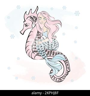 SLEEPING MERMAID Princess Girl with Long Pink Hair in Winter Sits Riding A Sea Horse and around Snowflakes Cartoon clip Art Vector Illustration Set Fo Illustrazione Vettoriale