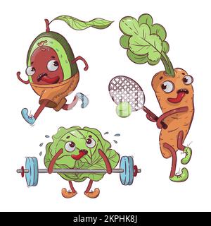 SPORT ORTAGGI Cartoon Salute Nutrizione T-shirt disegnata a mano Set da illustrazione vettoriale per la stampa Illustrazione Vettoriale