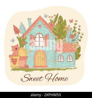 CASA DI PRIMAVERA Toy House con Abstract Flower Garden Cat in Flower Pot Hyacinth Farfalle e testo disegnati a mano Cartoon clip Art Vector Illustration Set Illustrazione Vettoriale