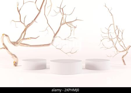Sfondo minimale per la presentazione del prodotto. Podio e alberi d'oro ramoscelli di colore bianco. illustrazione del rendering 3d. Spazio per i prodotti. Lusso Foto Stock