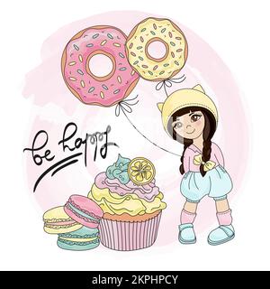 SWEETY GIRL tiene palloncini Donut nelle sue mani e biscotti enormi e torta giacente di fronte alla sua Cartoon clip Art con testo Vector Illustration Set per P Illustrazione Vettoriale
