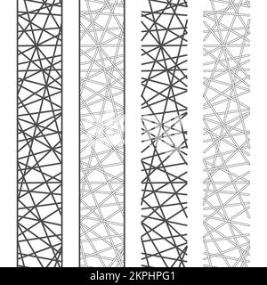 Set di ripetizioni verticali senza giunture di strisce, nastri, filettature. Illustrazione vettoriale in bianco e nero su sfondo bianco. Illustrazione Vettoriale