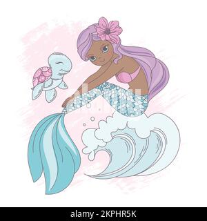 WAVE MERMAID ragazza principessa con pelle scura e fiore rosa in capelli lunghi viola siede sull'onda con tartaruga Cartoon clip Art Vector Illustration Set for Illustrazione Vettoriale