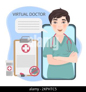 VIRTUAL HEALTH CARE Young Practioner Doctor Man Giving Recommendations for Disease Treatment Online Internet Cartoon clip Art Vector Illustration se Illustrazione Vettoriale