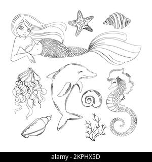 SEA LIFE Sirena Princess Girl e altri animali sottomarini oceanici Cartoon clip Art Vector Illustration Set for Print Illustrazione Vettoriale