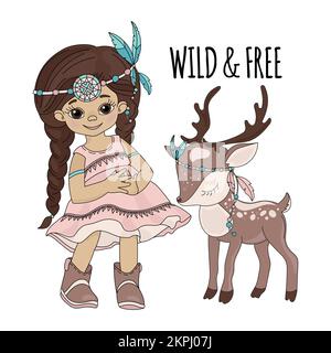 LIBERTÀ SELVAGGIA Little ragazza a capelli lunghi principessa Pocahontas Indiani e Fawn in National headdress Cartoon clip Art con testo Vector Illustration set per Illustrazione Vettoriale