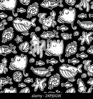 SKAT FRIENDS MONOCROMATICO tema nautico monocromatico Cartoon disegnato a mano senza cuciture Pattern Animali subacquei Vector Illustration Stampa su tessuto A Illustrazione Vettoriale