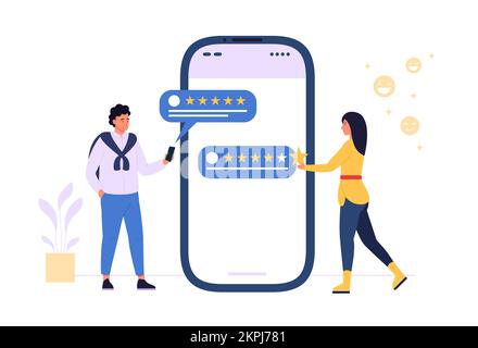 Valutazione del cliente. Donna e uomo che danno un feedback positivo per il servizio. Personaggi che mostrano soddisfazione e valutazione dell'applicazione mobile. Persone che riempiono Illustrazione Vettoriale