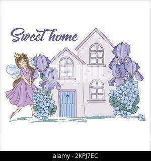 SWEET HOME la Mistress alata Princess Girl and Fairy Garden da Iris e Hydrangea Fiori in Golden Dust Cartoon clip Art Vector Illustration Set for Illustrazione Vettoriale