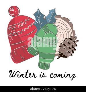 WINTER Collection da maglia Red Hat e Mittens con albero taglio cono e scrittura a mano testo disegnato a mano Natale Cartoon clip Art Vector Illustration S Illustrazione Vettoriale