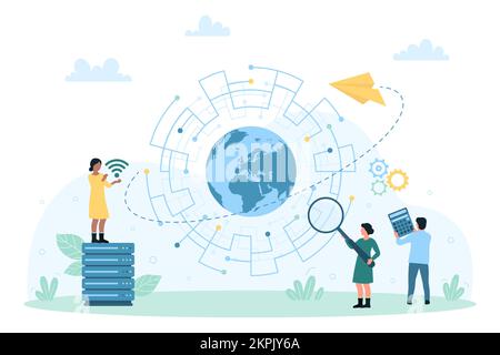 Connessione internet veloce, illustrazione vettoriale della tecnologia di comunicazione. Cartoon persone piccole testare la velocità del segnale con lente di ingrandimento, tenendo il segno wireless, circuito circolare e globo della Terra al suo interno Illustrazione Vettoriale